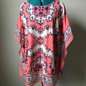 JM collection woman 1X blue orange scarf blouse
